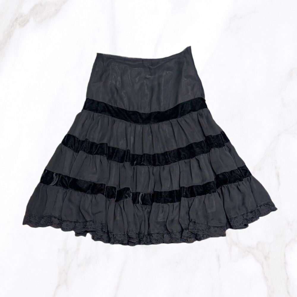 Wet Seal Y2K Black‎ Velvet & Sheer Tiered Midi Skirt, Size S - Picture 2 of 7